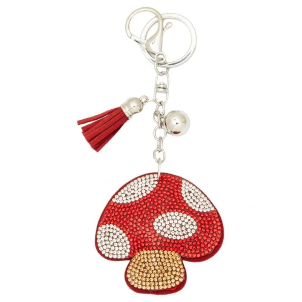 NWT puffy rhinestone chunky red mushroom keychain purse charm - Picture 1 of 6